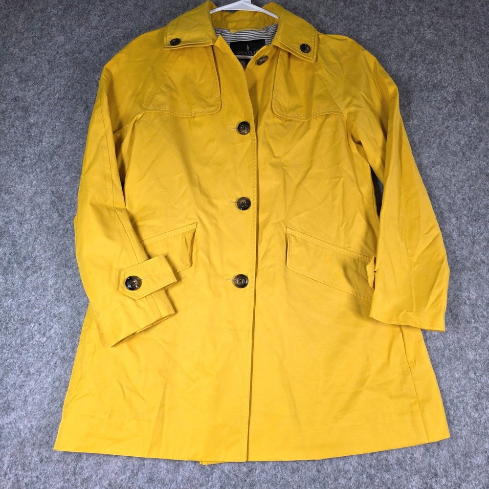 London Fog Rain Jacket Trench Coat Yellow Hooded Button Front Lined Small Preppy